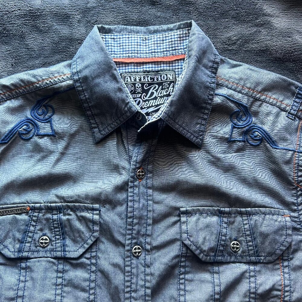 Affliction Black Premium 73 Chambray Button Shirt Medium Blue